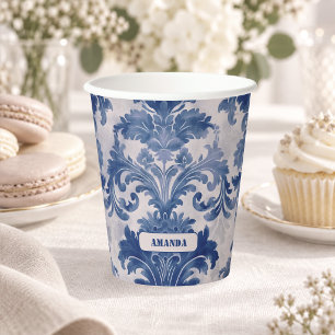 Elegant Blue Damask Toile de Jouy Monogram Paper Cups