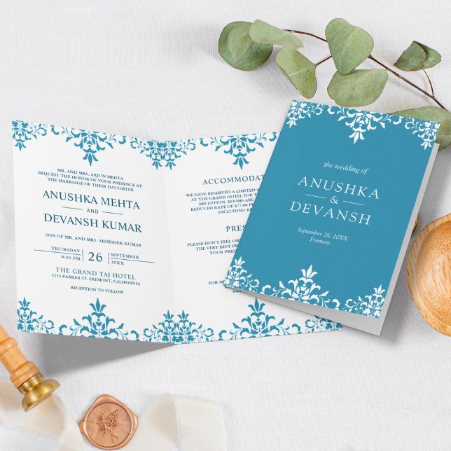 Elegant Blue Damask Traditional Indian Wedding Invitation (Creator Uploaded)