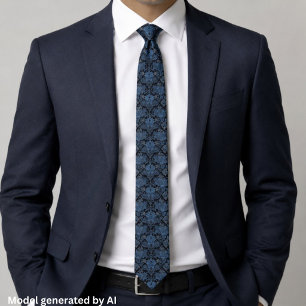 Elegant Blue Damask - Vintage Baroque Floral Tie