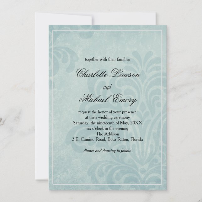Elegant Blue Damask Wedding Invitation (Front)