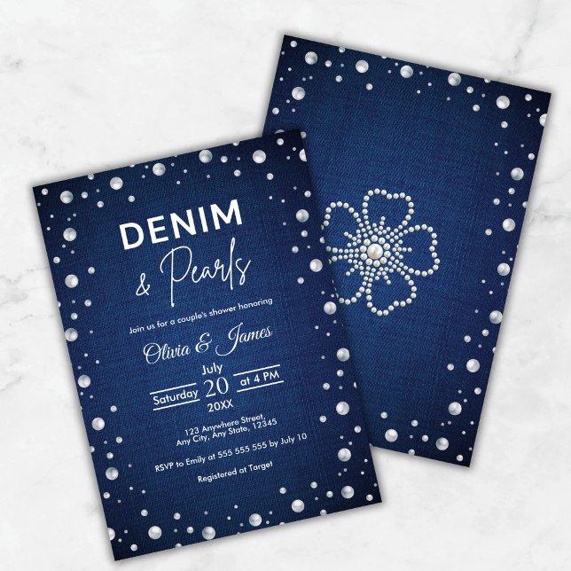 Elegant Blue Denim and Pearls Couple's Shower Invitation (Elegant Blue Denim and Pearls Couple's Shower Invitation     )