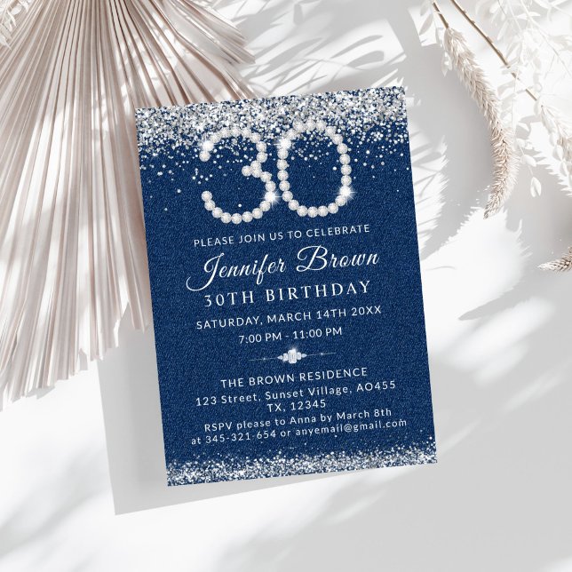 Elegant Blue Denim & Diamonds 30th Birthday Party Invitation (Diamonds and Denim 30th Birthday Party Invitation)