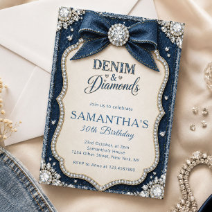 Elegant Blue Denim & Diamonds Birthday Invitation