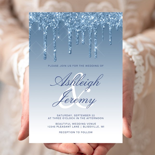 Elegant Blue Dripping Glitter Script Wedding Invitation (Creator Uploaded)