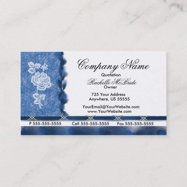 Elegant Blue Embroidery White Rose Business Cards (Front)