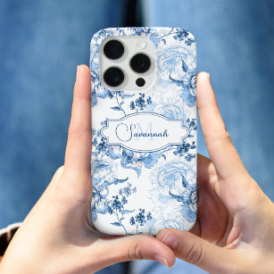 Elegant Blue Engraved Floral Name/Monogram iPhone 15 Pro Case