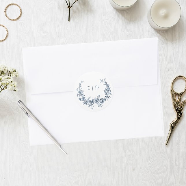 Elegant Blue Engraved Floral Wreath w/Monogram Classic Round Sticker (Creator Uploaded)