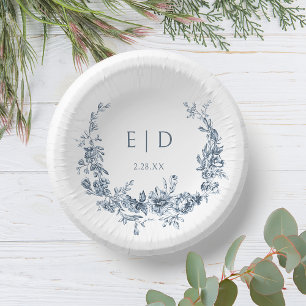 Elegant Blue Engraved Floral Wreath w/Monogram Paper Plate