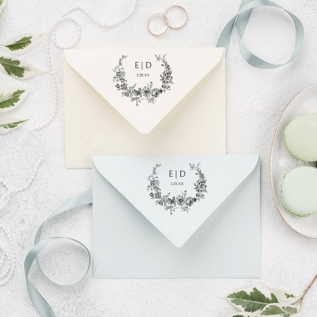 Elegant Blue Engraved Floral Wreath w/Monogram Rubber Stamp (Creator Uploaded)