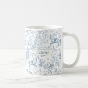 Elegant Blue Equestrian Floral Toile Name Coffee Mug