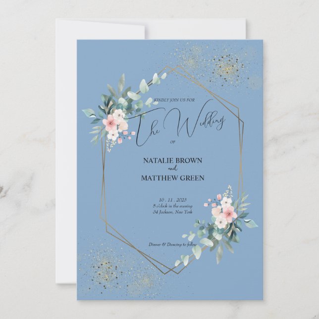 Elegant Blue Eucalyptus Wedding Invitation (Front)