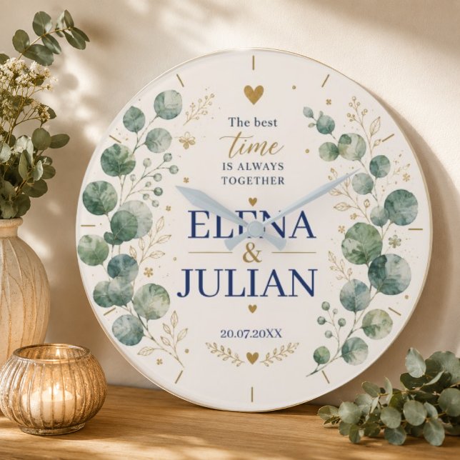 Elegant Blue Eucalyptus Wedding Large Clock (Creator Uploaded)