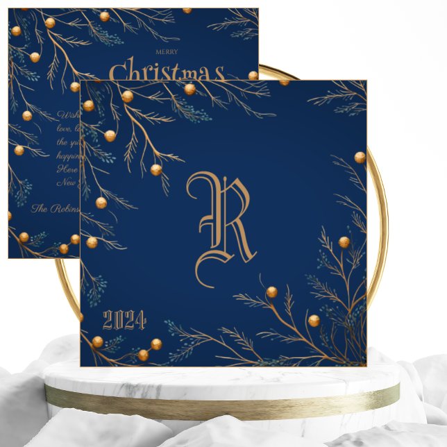 Elegant Blue Family Monogram Christmas Card (Creator Uploaded)