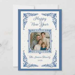 Elegant Blue Family Photo Happy New Year Holiday Card