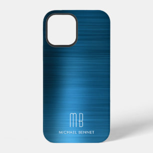 Elegant Blue Faux Brushed Metal Monogram iPhone 12 Case