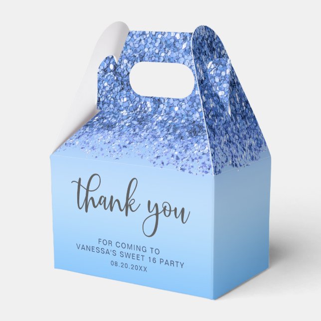 Elegant Blue Faux Glitter Sweet 16 Birthday Favour Box (Front Side)