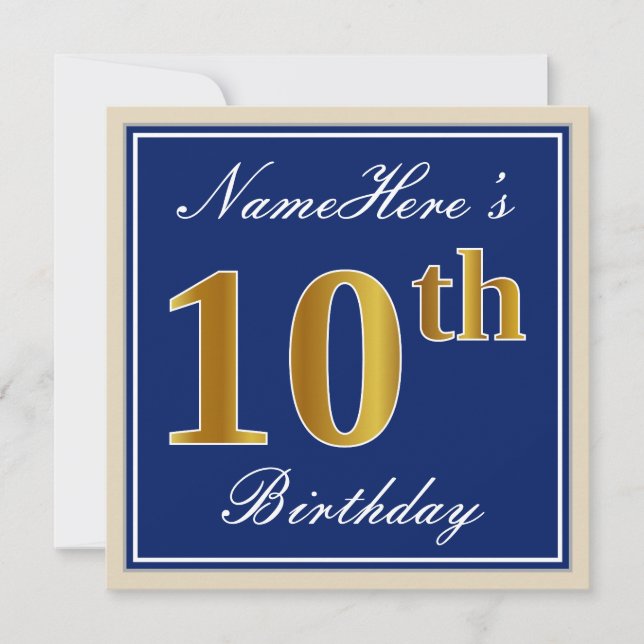 Elegant, Blue, Faux Gold 10th Birthday + Name Invitation (Front)