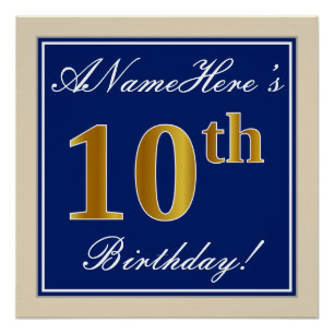 Elegant, Blue, Faux Gold 10th Birthday + Name Poster