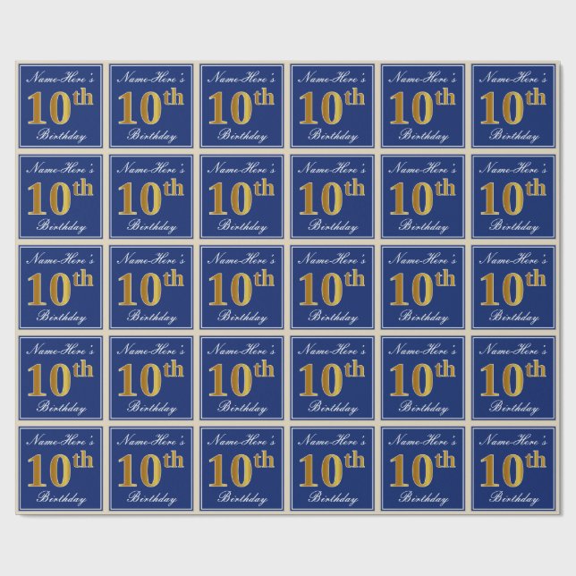 Elegant, Blue, Faux Gold 10th Birthday + Name Wrapping Paper (Flat)