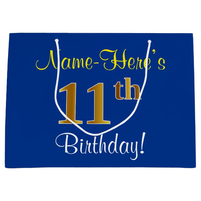 Elegant, Blue, Faux Gold 11th Birthday + Name Large Gift Bag (Front)
