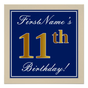 Elegant, Blue, Faux Gold 11th Birthday + Name Poster