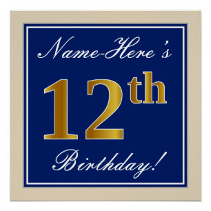 Elegant, Blue, Faux Gold 12th Birthday + Name Poster