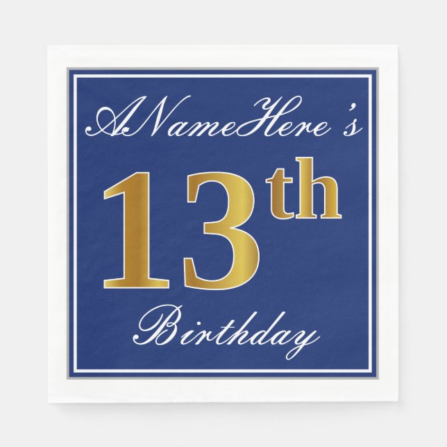 Elegant Blue, Faux Gold 13th Birthday; Custom Name Napkin (Front)