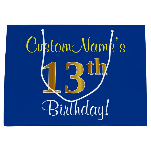 Elegant, Blue, Faux Gold 13th Birthday + Name Large Gift Bag (Front)