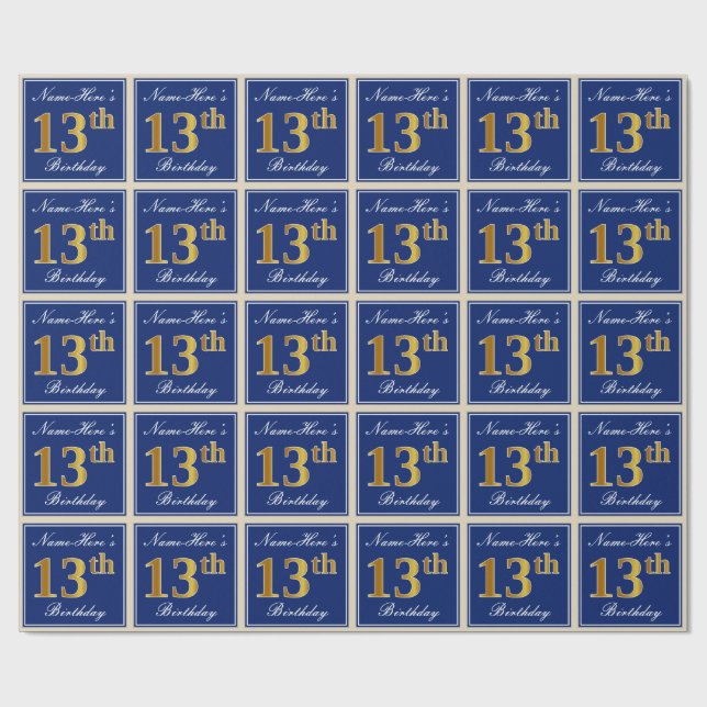 Elegant, Blue, Faux Gold 13th Birthday + Name Wrapping Paper (Flat)