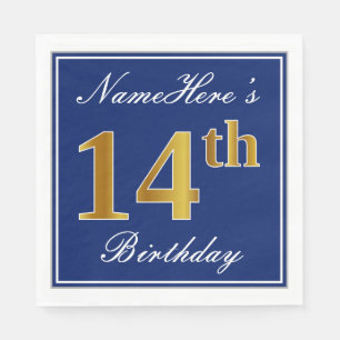 Elegant Blue, Faux Gold 14th Birthday; Custom Name Napkin