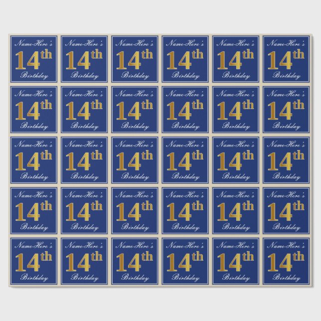 Elegant, Blue, Faux Gold 14th Birthday + Name Wrapping Paper (Flat)