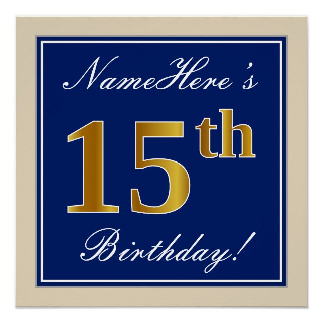 Elegant, Blue, Faux Gold 15th Birthday + Name Poster (Front)