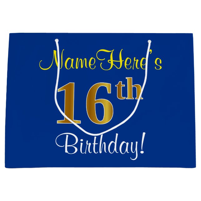 Elegant, Blue, Faux Gold 16th Birthday + Name Large Gift Bag (Front)
