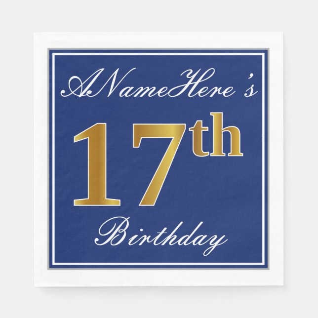 Elegant Blue, Faux Gold 17th Birthday; Custom Name Napkin (Front)