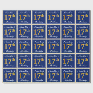 Elegant, Blue, Faux Gold 17th Birthday + Name Wrapping Paper