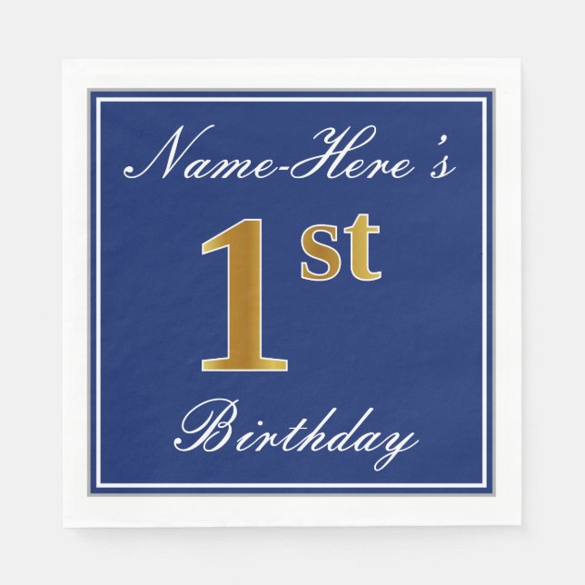 Elegant Blue, Faux Gold 1st Birthday + Custom Name Napkin (Front)
