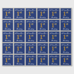Elegant, Blue, Faux Gold 1st Birthday; Custom Name Wrapping Paper