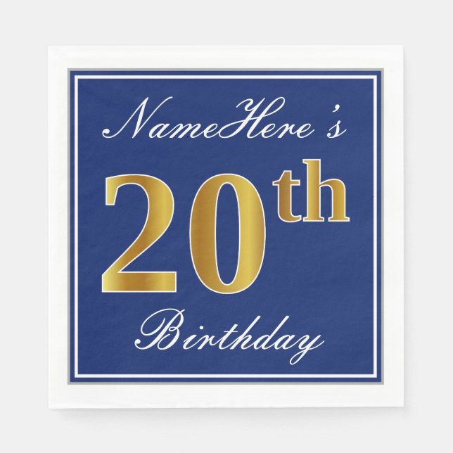 Elegant Blue, Faux Gold 20th Birthday; Custom Name Napkin (Front)