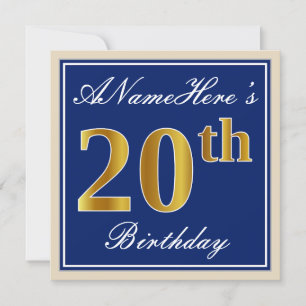 Elegant, Blue, Faux Gold 20th Birthday + Name Invitation