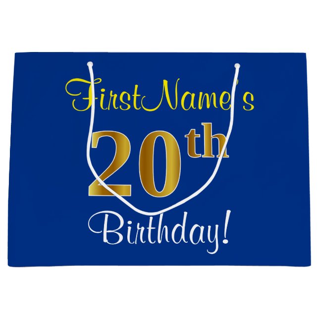 Elegant, Blue, Faux Gold 20th Birthday + Name Large Gift Bag (Front)