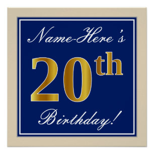 Elegant, Blue, Faux Gold 20th Birthday + Name Poster