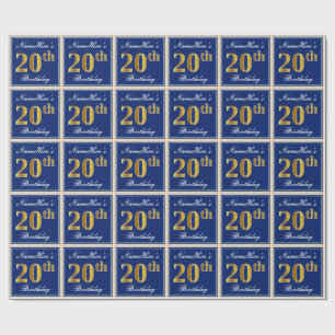 Elegant, Blue, Faux Gold 20th Birthday + Name Wrapping Paper