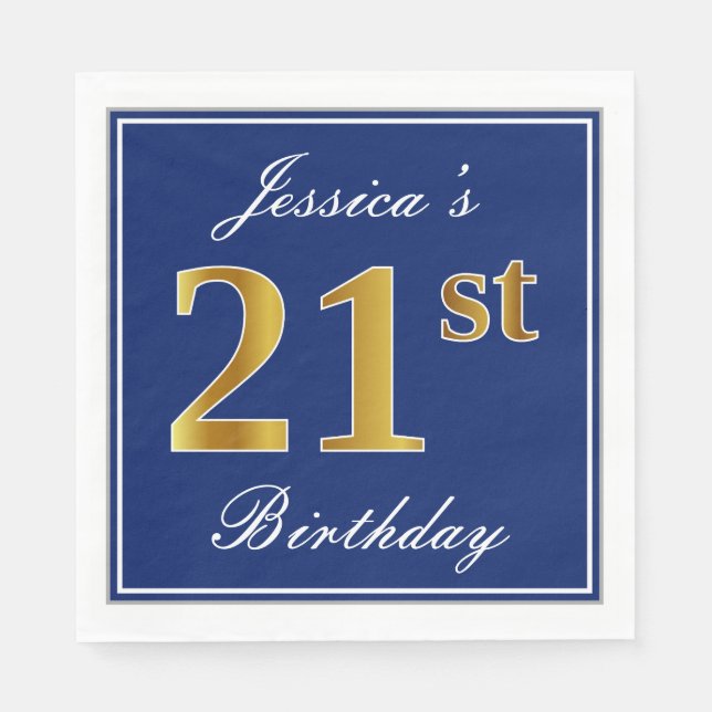 Elegant Blue, Faux Gold 21st Birthday; Custom Name Napkin (Front)