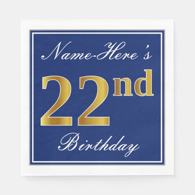 Elegant Blue, Faux Gold 22nd Birthday; Custom Name Napkin (Front)