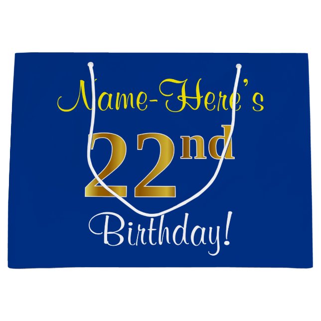 Elegant, Blue, Faux Gold 22nd Birthday + Name Large Gift Bag (Front)