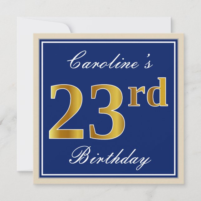 Elegant, Blue, Faux Gold 23rd Birthday + Name Invitation (Front)
