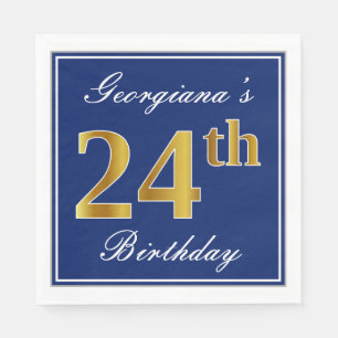 Elegant Blue, Faux Gold 24th Birthday; Custom Name Napkin