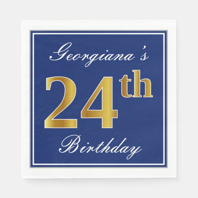 Elegant Blue, Faux Gold 24th Birthday; Custom Name Napkin (Front)