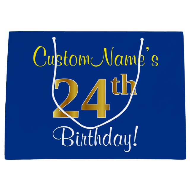 Elegant, Blue, Faux Gold 24th Birthday + Name Large Gift Bag (Front)
