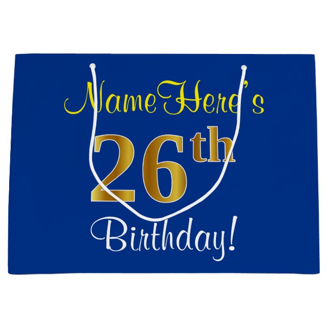 Elegant, Blue, Faux Gold 26th Birthday + Name Large Gift Bag (Front)
